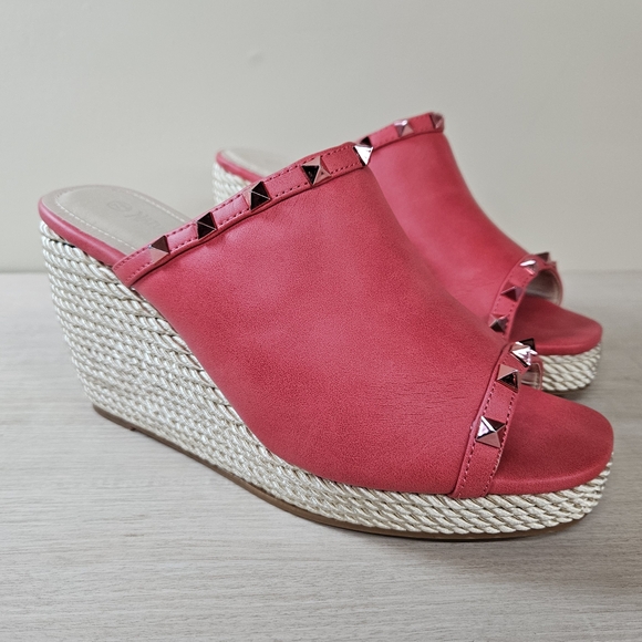 NATURE BREEZE - Melon Red Studded Espadrille Platform Wedges - Picture 6 of 9